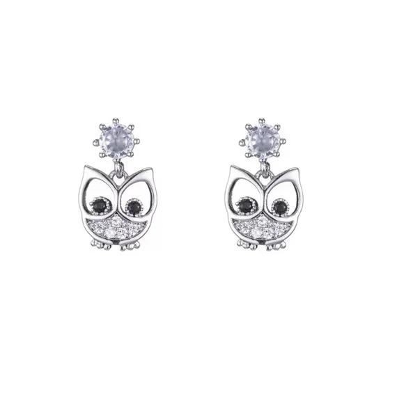 14k Gold Adorable Diamond Owl Earrings Sterling Silver - Picture 1 of 9